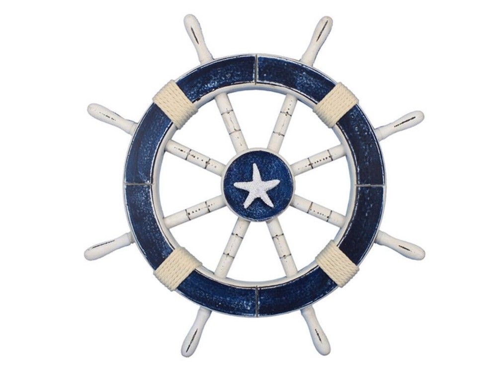 Rustic Dark Blue Decorative Ship Wheel with Starfish 18