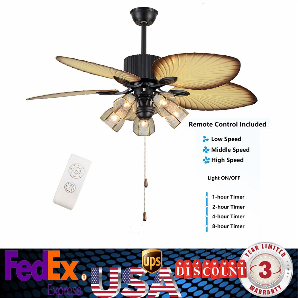 52 Inch Tropical Ceiling Fan with Light Remote Control and Reversible 5 Palm Blades