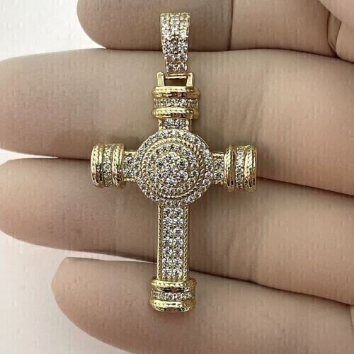 925 Silver Round Cut Simulated Diamond Cross Pendant In 14K Yellow Gold Plated