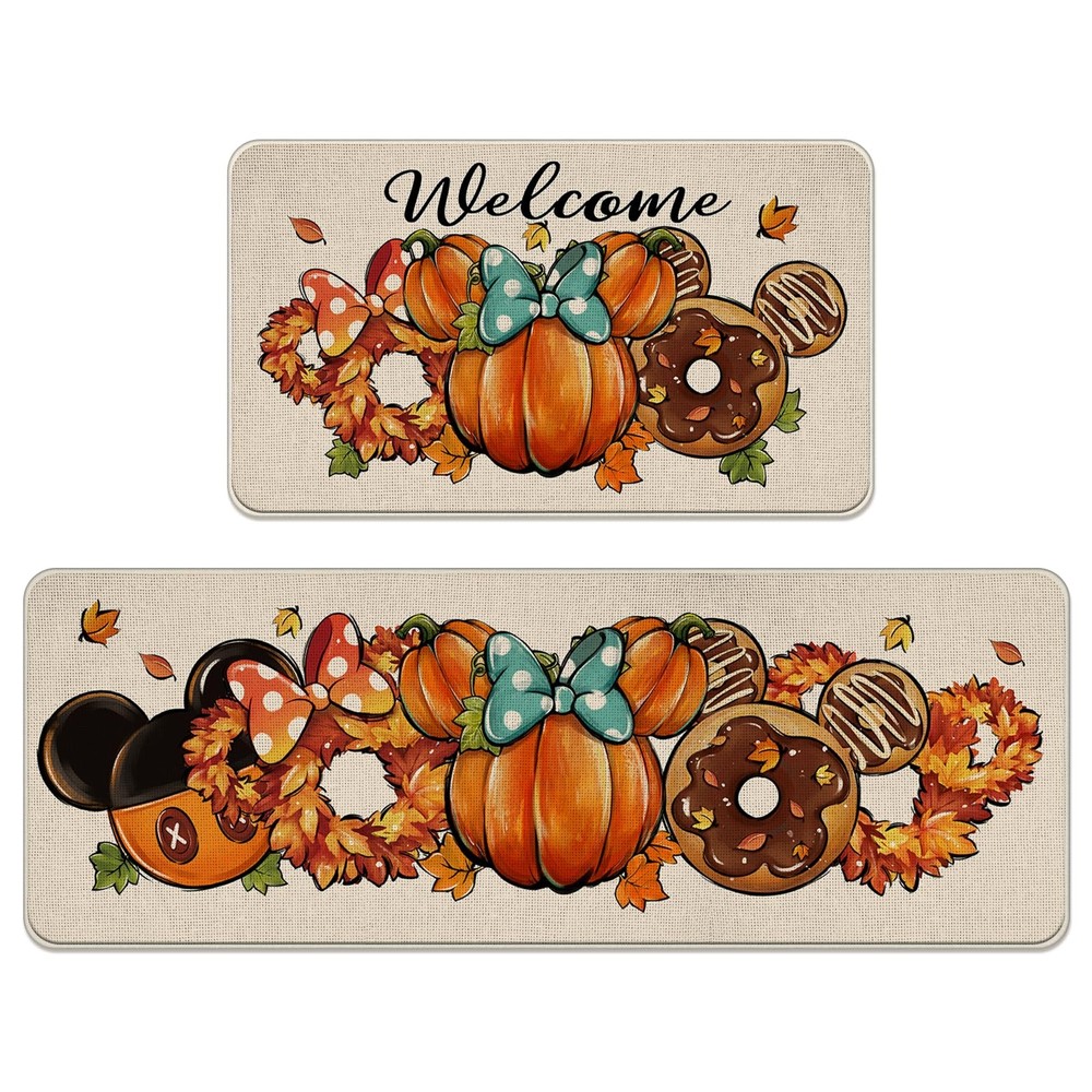 Welcome Fall Pumpkin Kitchen Rugs Set of 2, Autumn Maple Leaves Wreath Doughn...