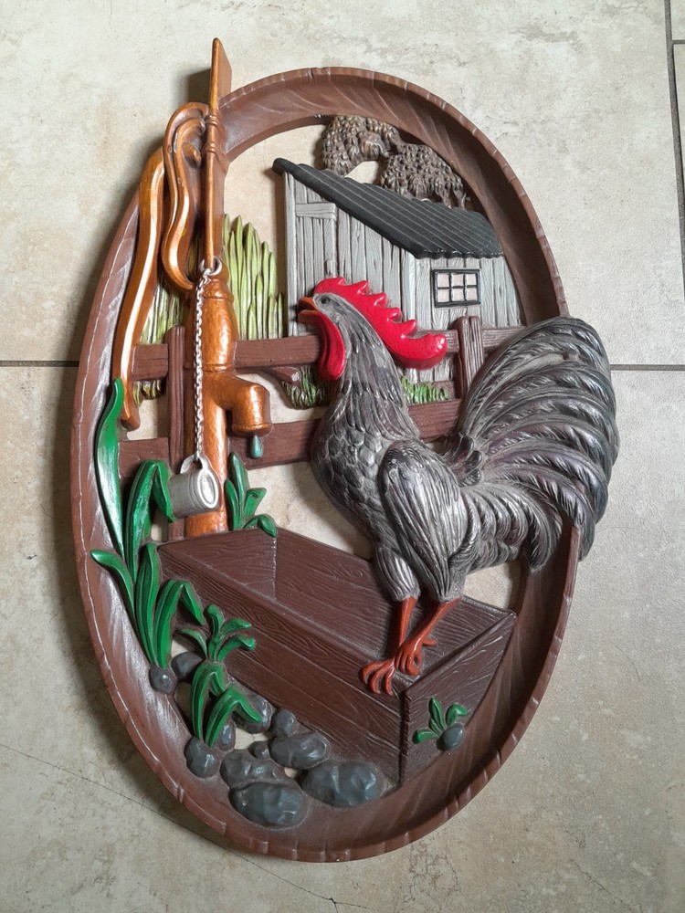 Vintage 1970's Farmhouse 3D Hand Painted Rooster Ceramics Clay Wall Art 18x12