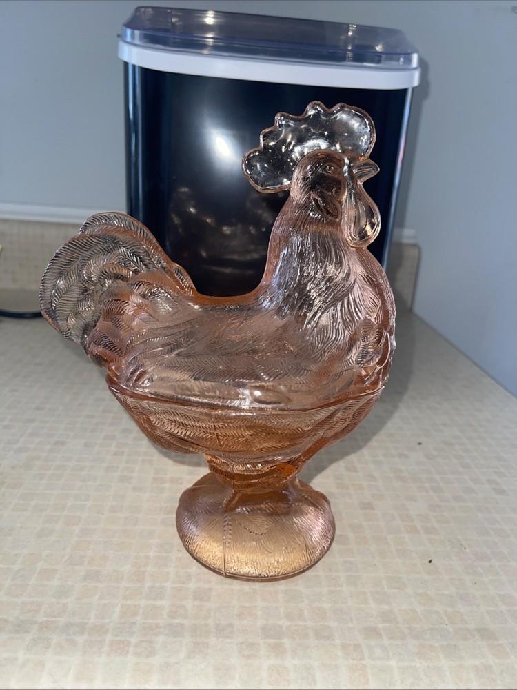 Vintage Pink Salmon Westmoreland Rooster Nest Covered Candy Dish 8.75 Inches