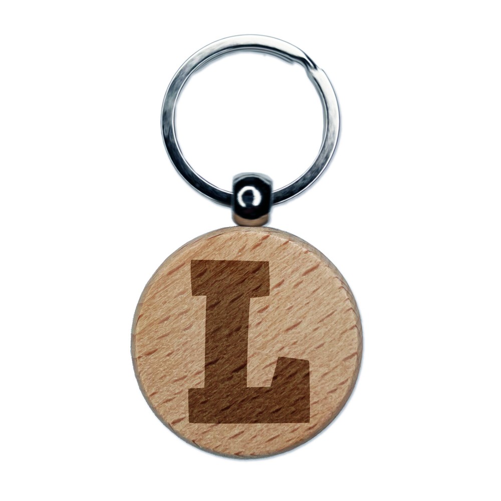 Letter L Uppercase Fun Bold Font Engraved Wood Round Keychain Tag Charm