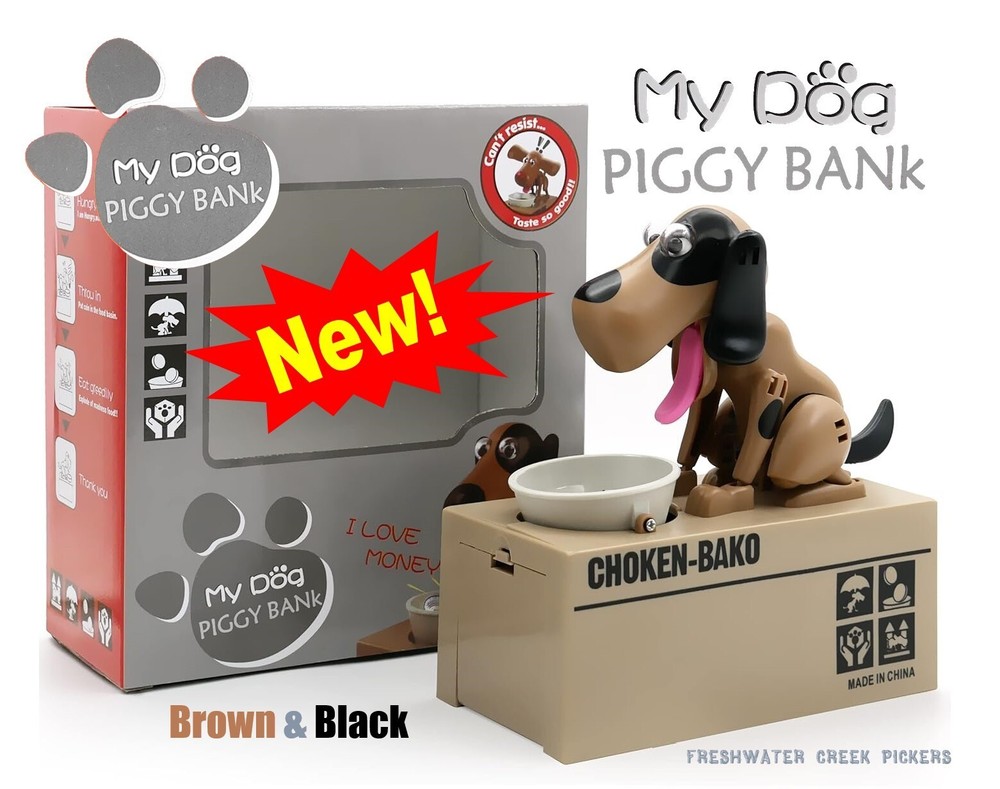 New My Dog Piggy Bank Coin Munching Automated Toy Money Box #8801 Brown & Black-image