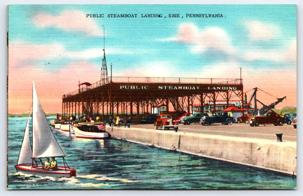 VINTAGE OLD ANTIQUE POSTCARD PUBLIC STEAMBOAT LANDING BOAT CAR ERIE PENNSYLVANIA