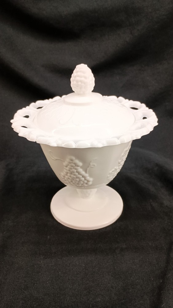 Vintage Indiana Glass Open Lace Milk Glass Footed Grape Compote with Lid