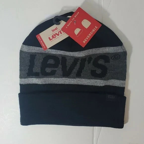 LEVI'S ORIGINAL MEN'S BEANIE HAT BLACK REVERSIBLE MAX-WARMTH