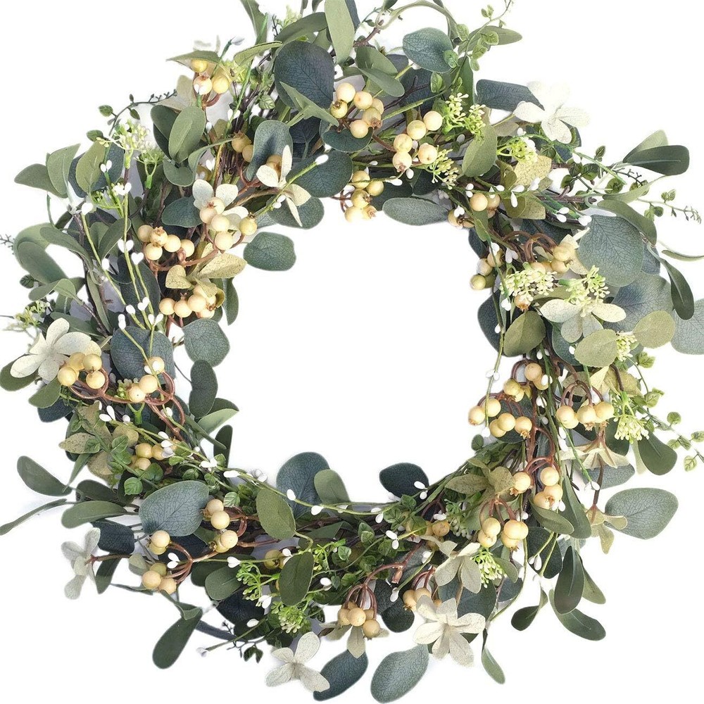20-Inch Artificial Eucalyptus Berry Wreath with Green Leaves for Spring Decor