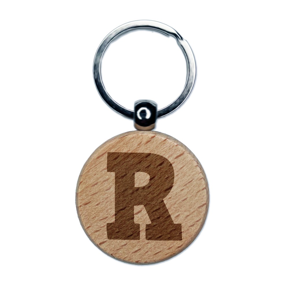 Letter R Uppercase Fun Bold Font Engraved Wood Round Keychain Tag Charm