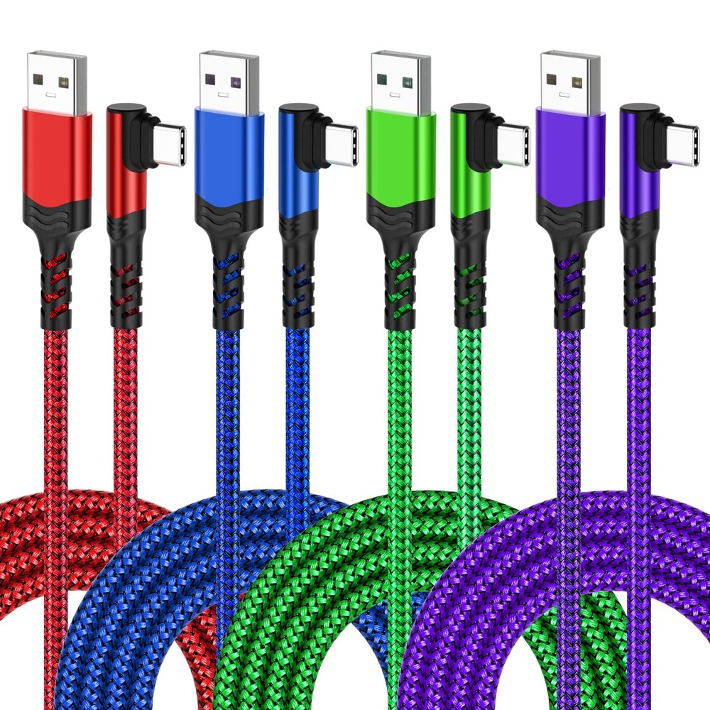 10ft Braided USB-A to USB-C 90-Degree Cable 4-Pack Fast Charging Durable