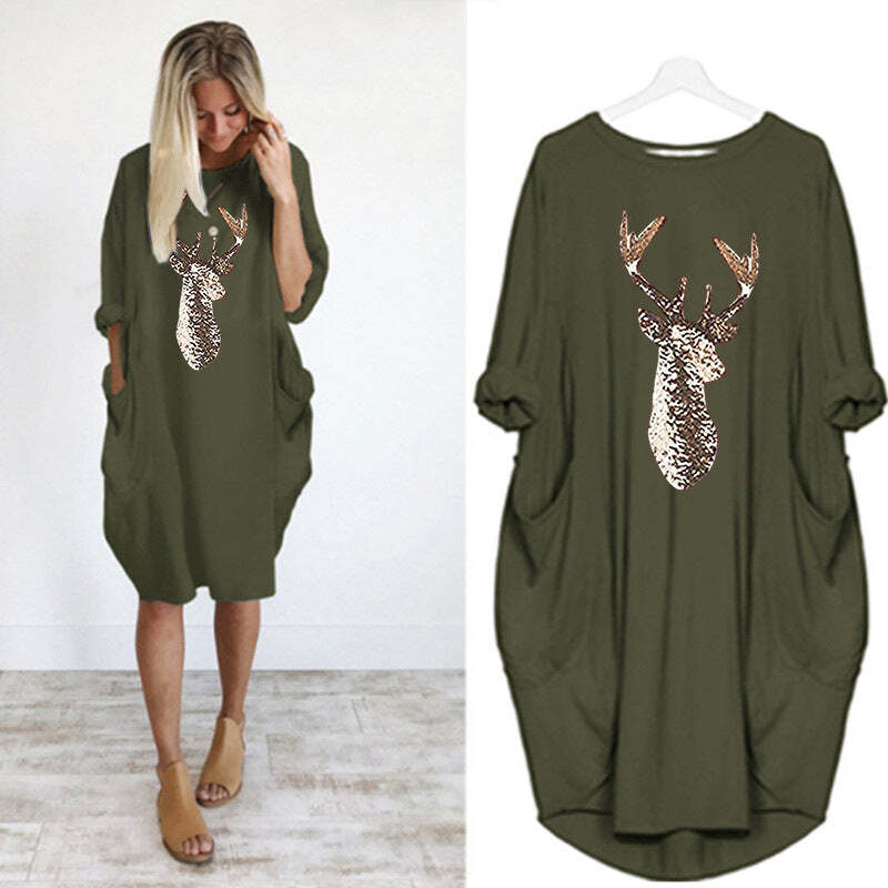 Festive Christmas Print Round Neck Winter Dress for Women