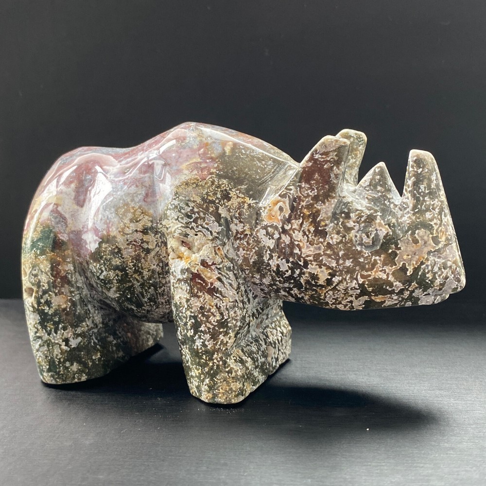 562g Amazing Natural Ocean Jasper Crystal Carved Rhinoceros Jasper Halo Stone