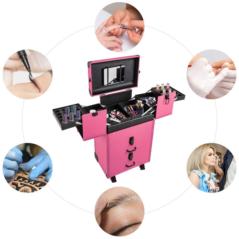 4 in 1 Rolling Zinc Alloy Makeup Train Case Salon Cosmetic Trolley Organizer Box