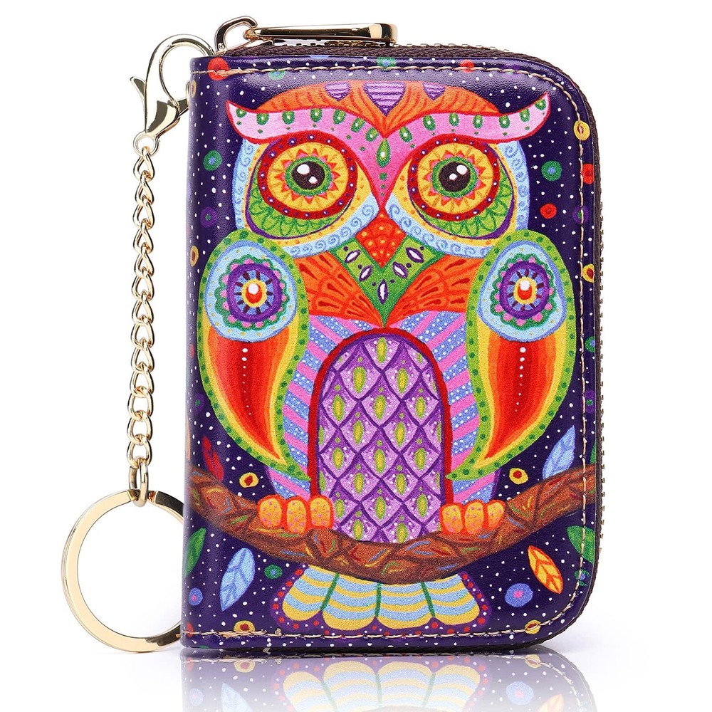 Women's Leather RFID-Blocking Wallet with Cartoon Print and Zipper