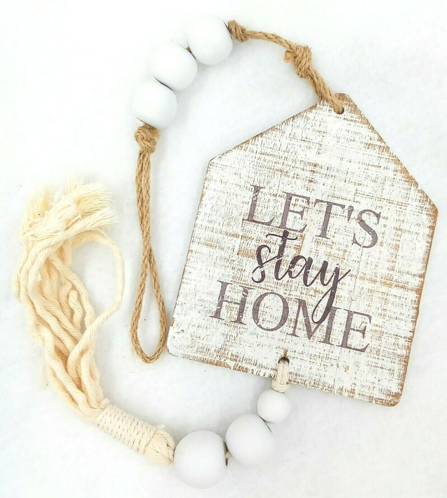 Cozy Let's Stay at Home Wood Sign with Beaded Jute Hanger and Cotton Tassel