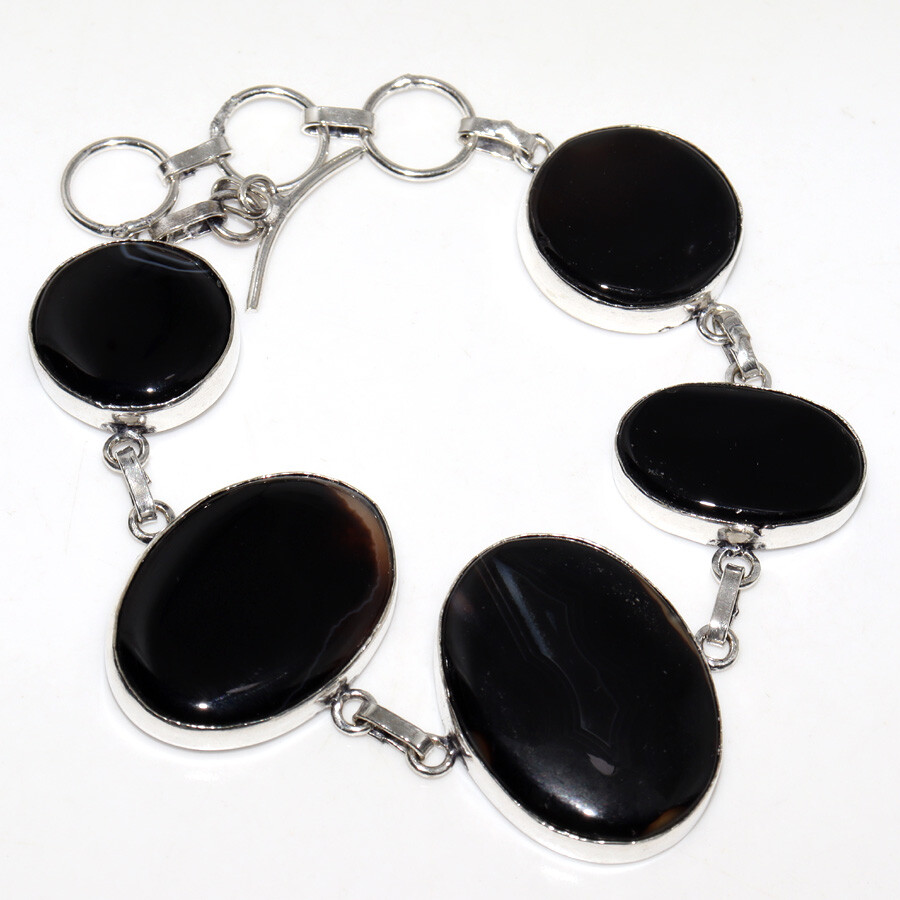 925 Silver Plated Banded Black Onyx Ethnic Bracelet Jewelry Size 9