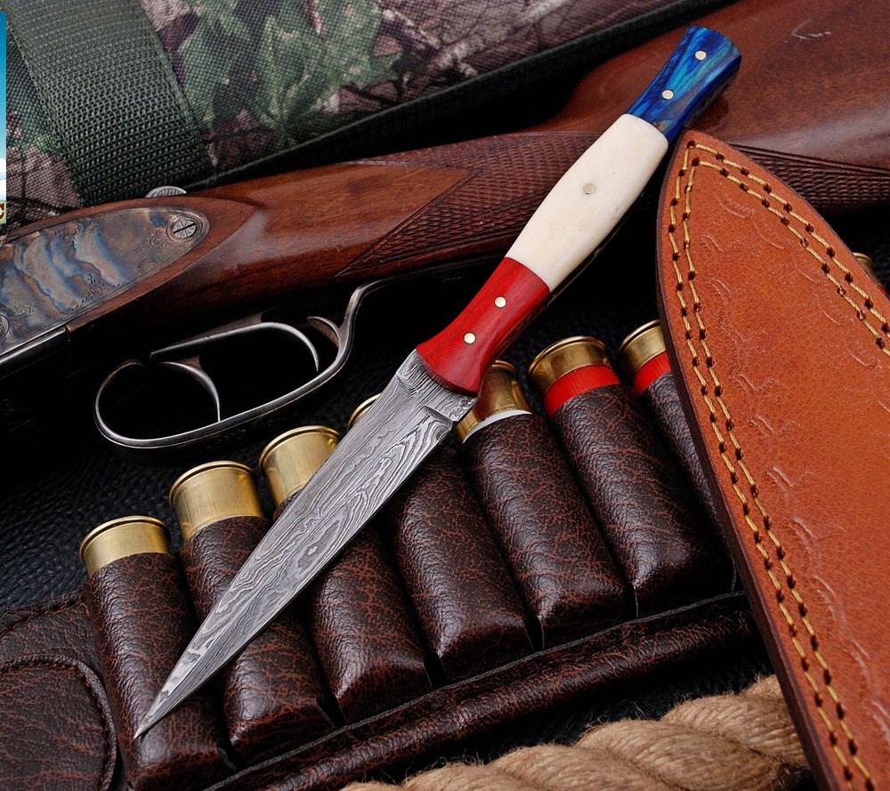 Handmade Damascus Dagger Double Edged Combat Boot Knife Full Tang Flag Handle