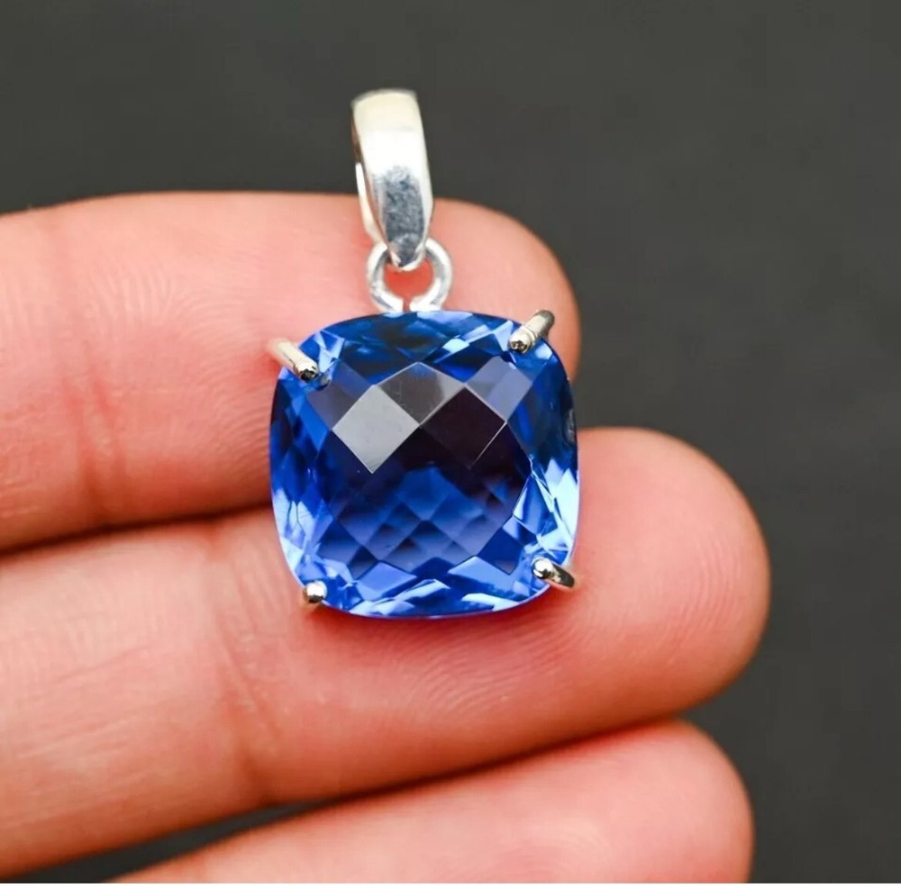 Iolite Cushion Cut Blue Gemstone Pendant in 925 Sterling Silver Jewelry Gift for Her D7