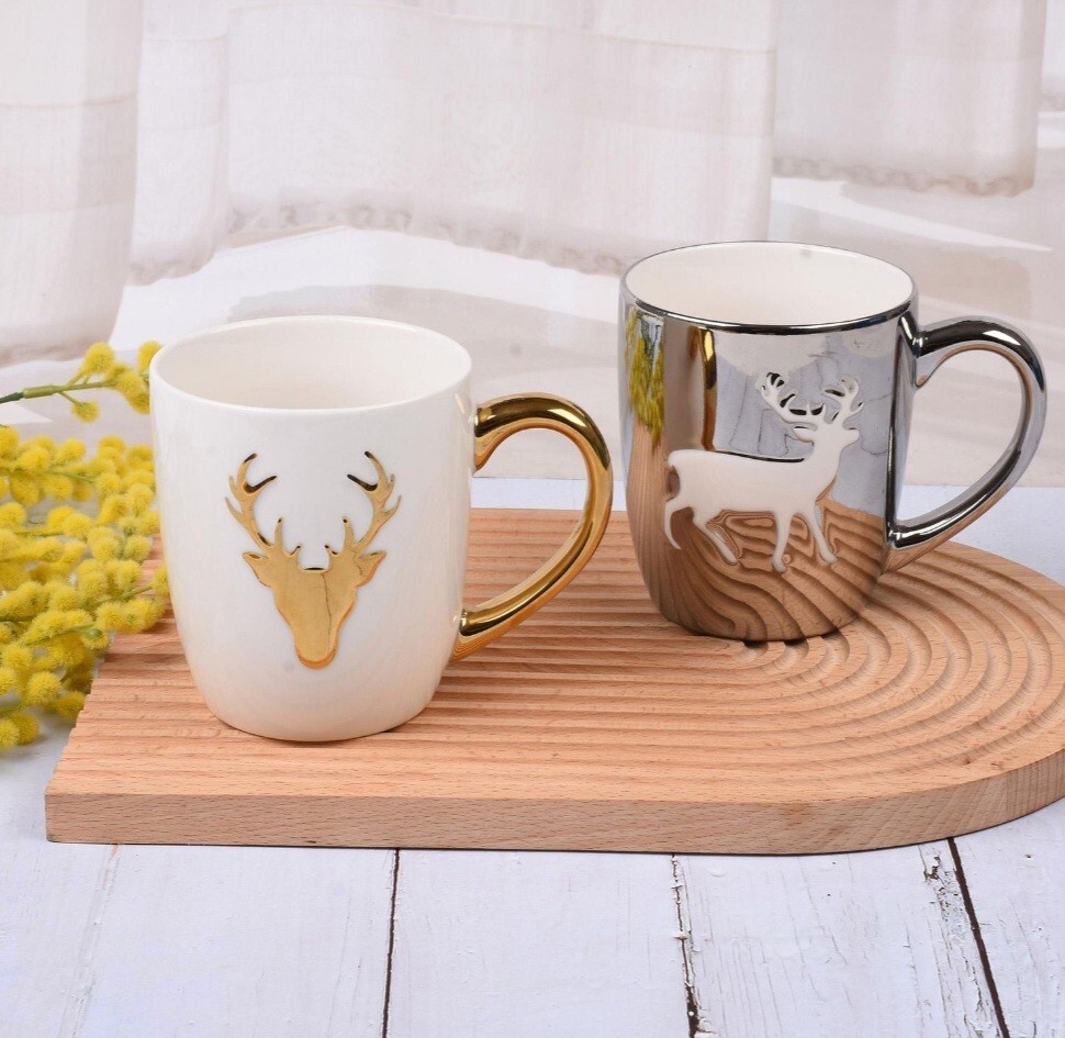 Reindeer Set Of 2 Mugs, Winter Cute Mugs, Ceramic Plated Mug, 17.9 Oz, 2 Pieces