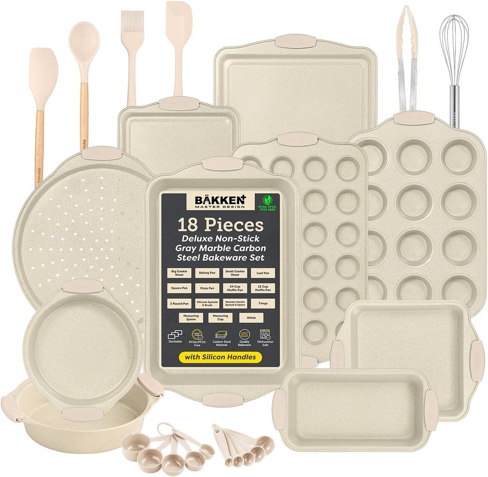 18-Piece Deluxe Nonstick Carbon Steel Bakeware Set with White Silicone Handles