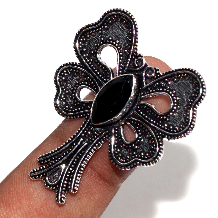 925 Silver Plated-Black Onyx Ethnic Butterlfy Ring Jewelry US Size-9.5 JW