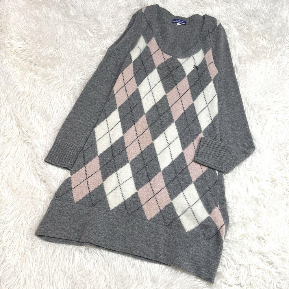 Burberry London Blue Label Knit One Piece Dress Argyle Gray Pink Off-White