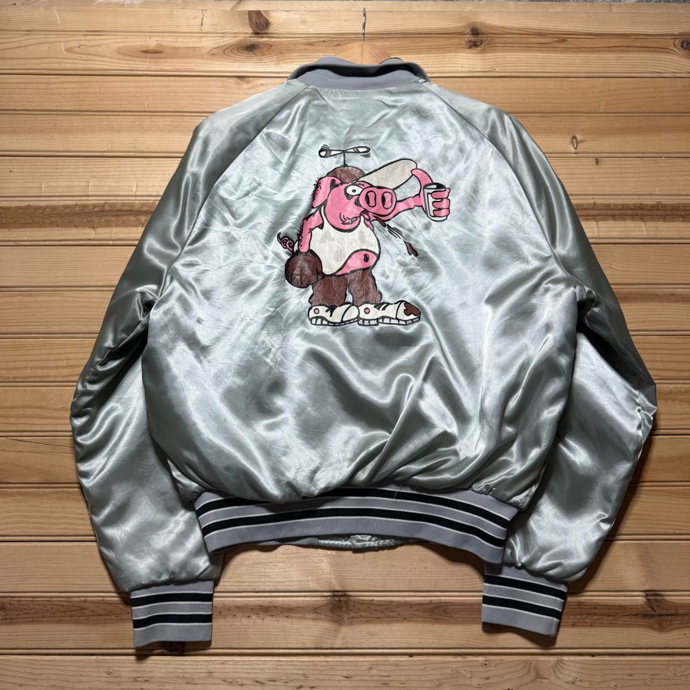 Vintage 80s Flying Pigs Baseball Alaska Satin Bomber Jacket USA Made Size Medium