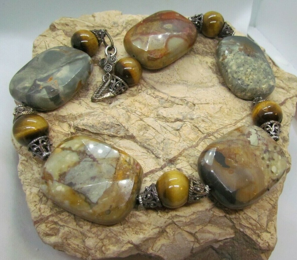 Exotic Rare Tiger Eye Gemstone Beaded Necklace 15.5 Inches Polished