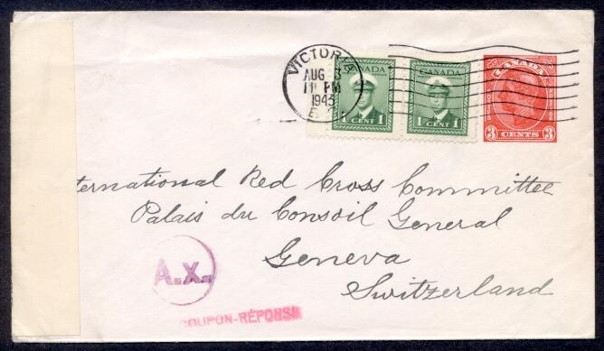 CANADA 1943 UPRATED 3c ENVELOPE TO RED CROSS SWITZERLAND