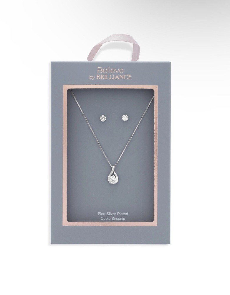 Brilliance Women's Silver-Plated CZ Infinity Pendant & Earring Set with Sparkling Stones