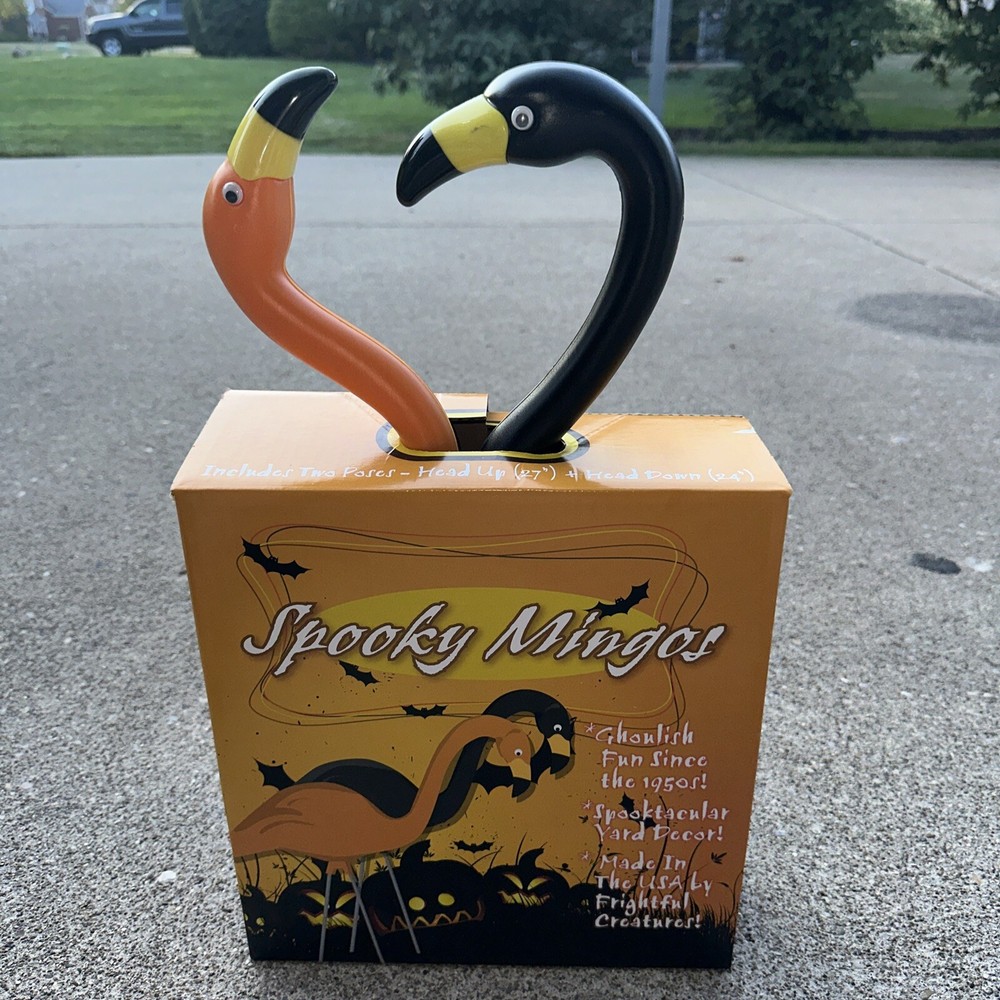 Spooky Mingos Flamingo Halloween Blow Mold Yard Decor Orange&Black NIB
