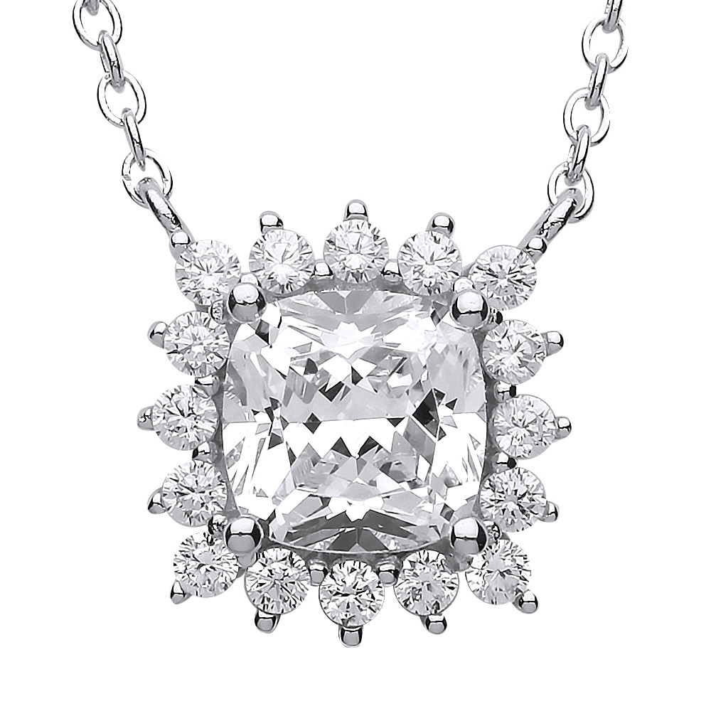 Silver Jewelco London Square cushion CZ Sunshine Solitaire Charm Necklace