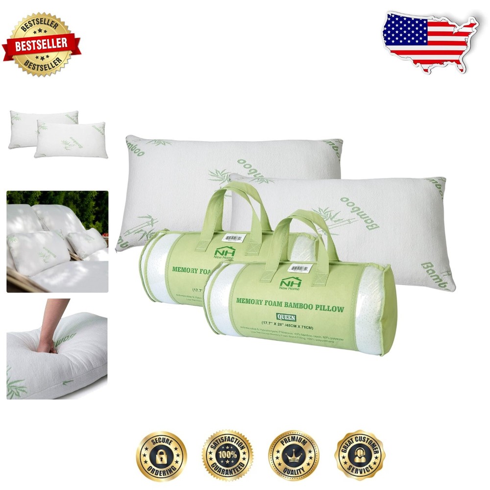 Bamboo Cooling Memory Foam Pillows 2-Pack – Breathable Washable for Better Sleep