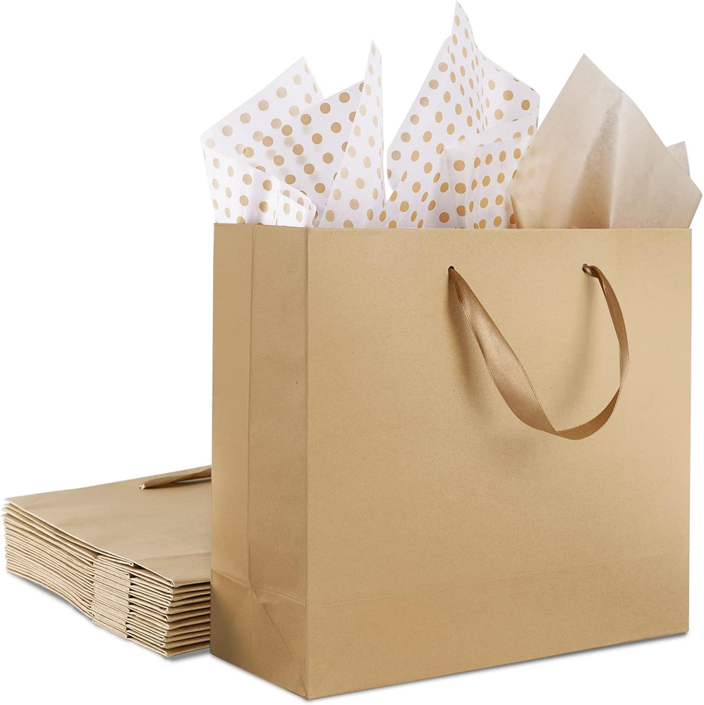 12 Pack Large Kraft Paper Gift Bags with Tissue Paper for Gifting
