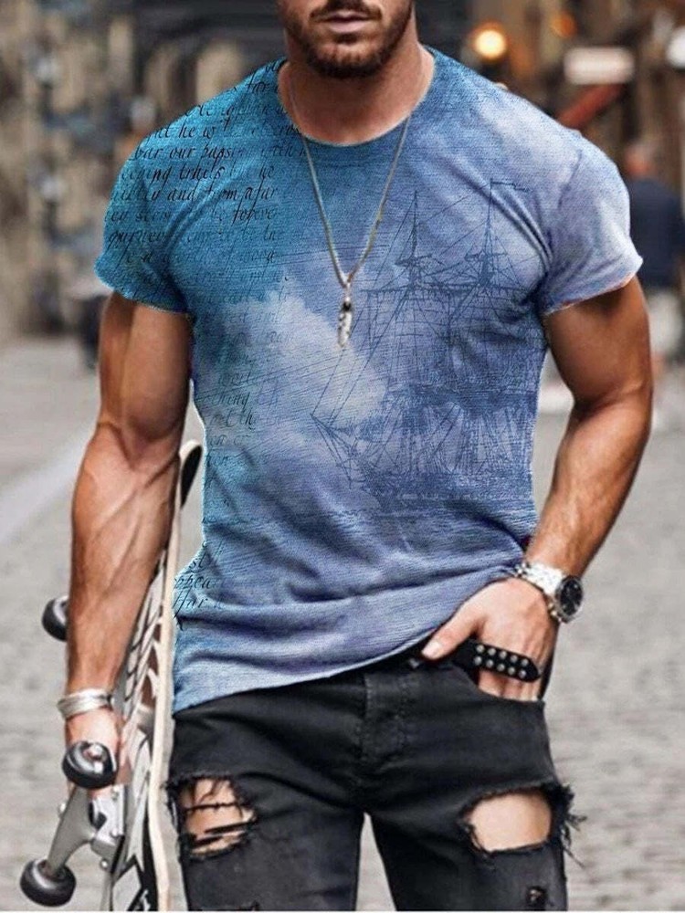Digital Printed Short-sleeved Round Neck T-shirt Men Casual T-shirt