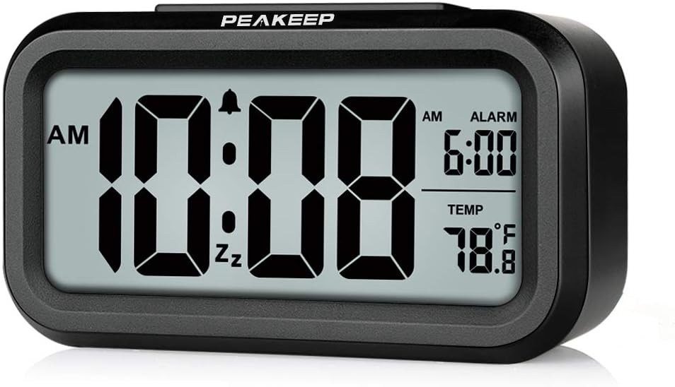 Peakeep Digital Alarm Clock with Night Light 5x2x3 Inches Battery Powered Black