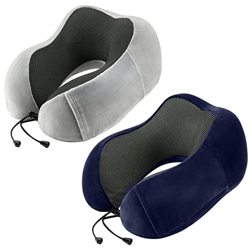 Memory Foam Travel Neck Pillow for Airplanes - Soft Grey & Blue Support