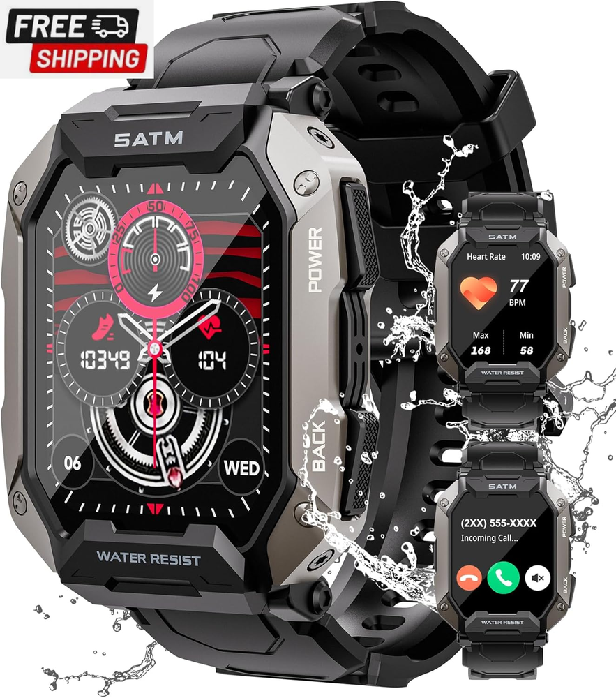 Rugged Military Smartwatch for Men with 2.01 HD Display Bluetooth Calls 100+ Sports Modes