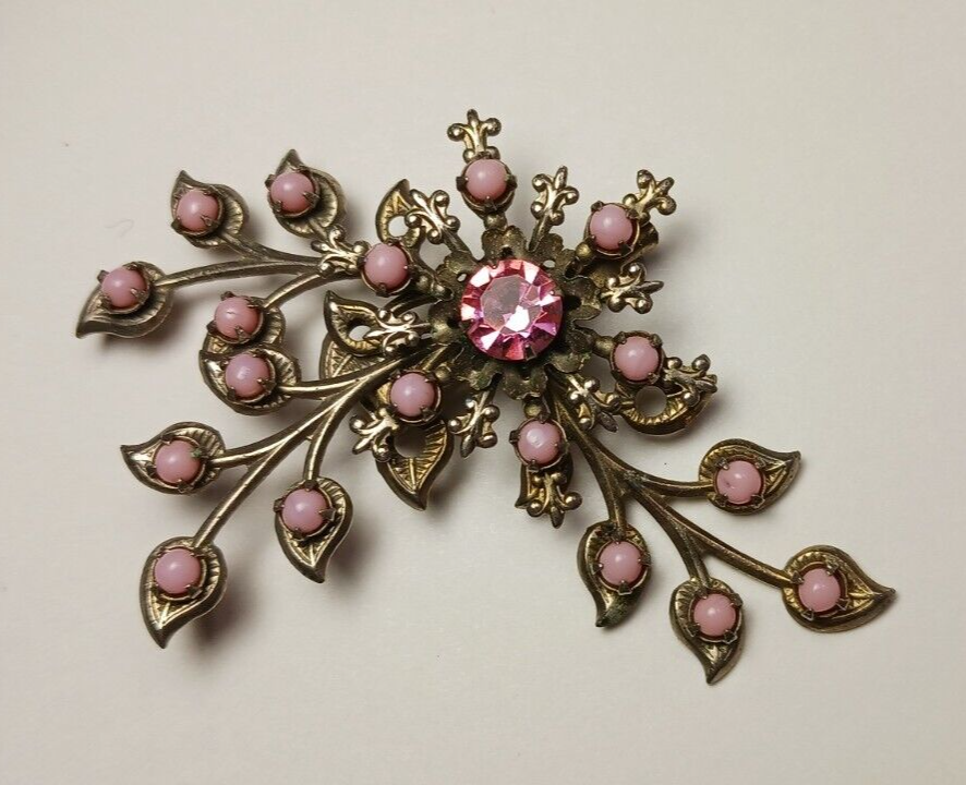 Vintage Art Deco Pink Faux Pearl Rhinestone Silvertone Brooch Pin