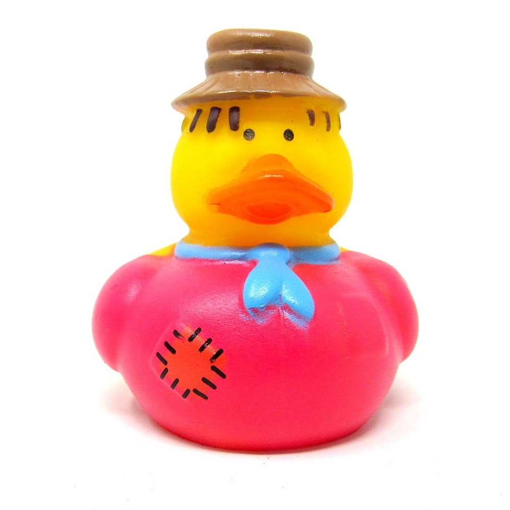 Scarecrow Rubber Duck 2 Inch Purple Jacket Tan Hat Fall Harvest Decor Squirter Toy