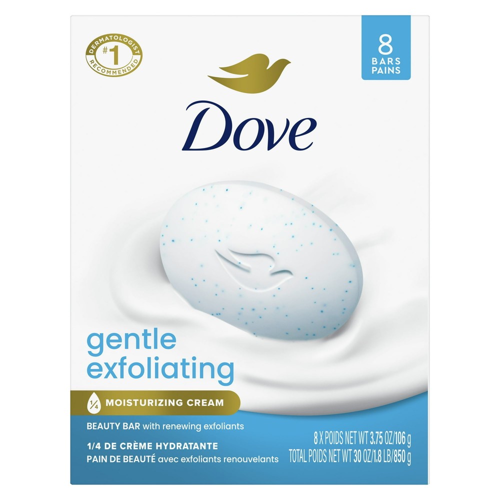 Dove Gentle Exfoliating Beauty Bar Soap for All Skin Types, 3.75 oz, Pack of 8