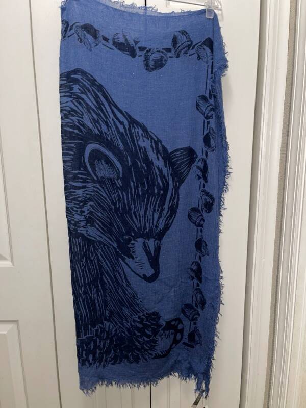 Women's ECHO NEW YORK Blue Metallic Scarf With Bear & Acorns Print-NWT