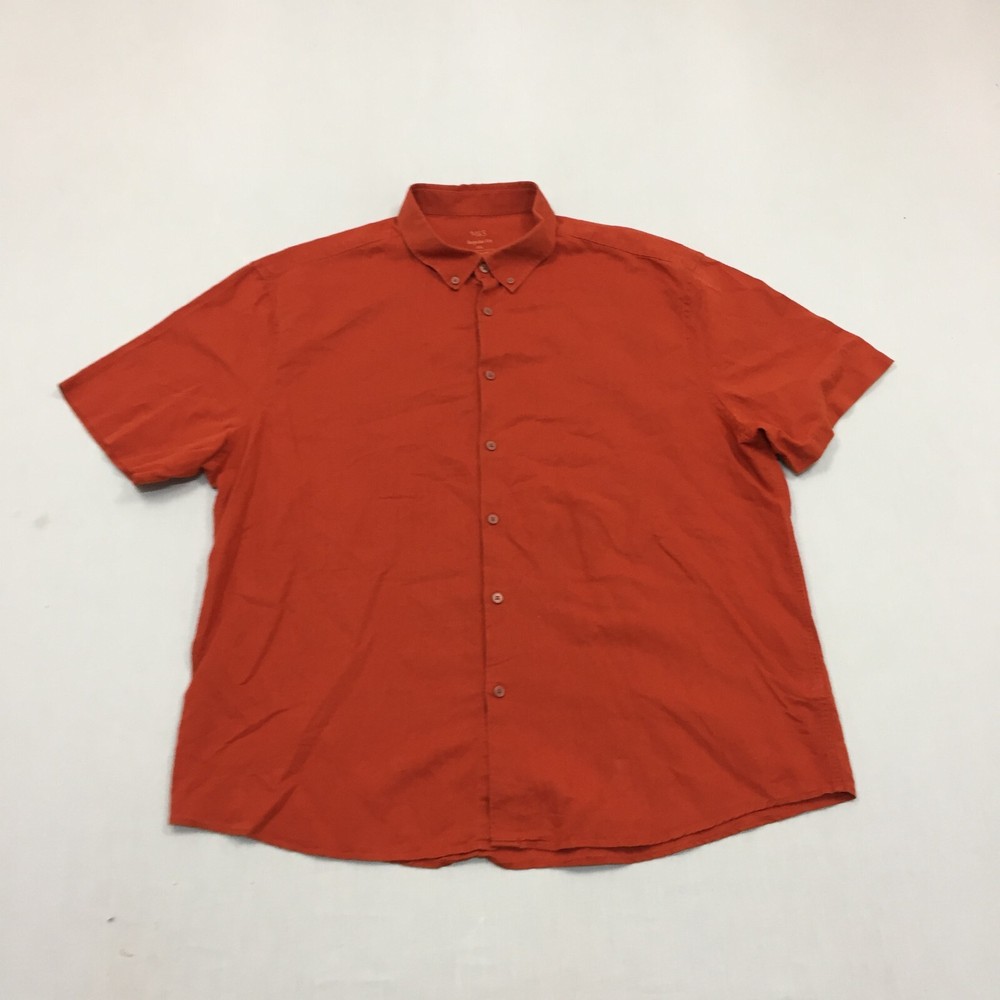 M&S Linen Mix Shirt Mens XXL Button Up Short Sleeve Orange (2XL)