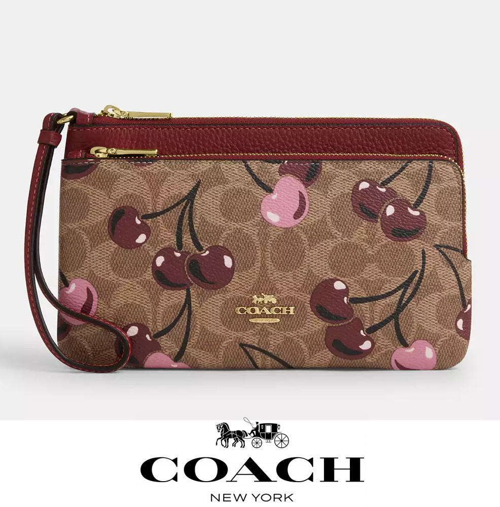 NWT Coach Double Zip Wallet Signature Canvas Cherry Print  