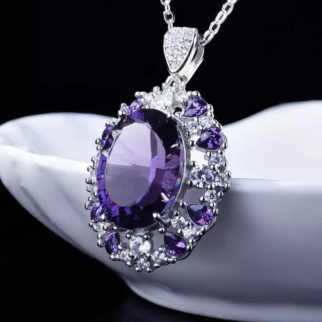Oval Cut Simulated Amethyst Halo Womens Pendant 14K White Gold Plated with Chain