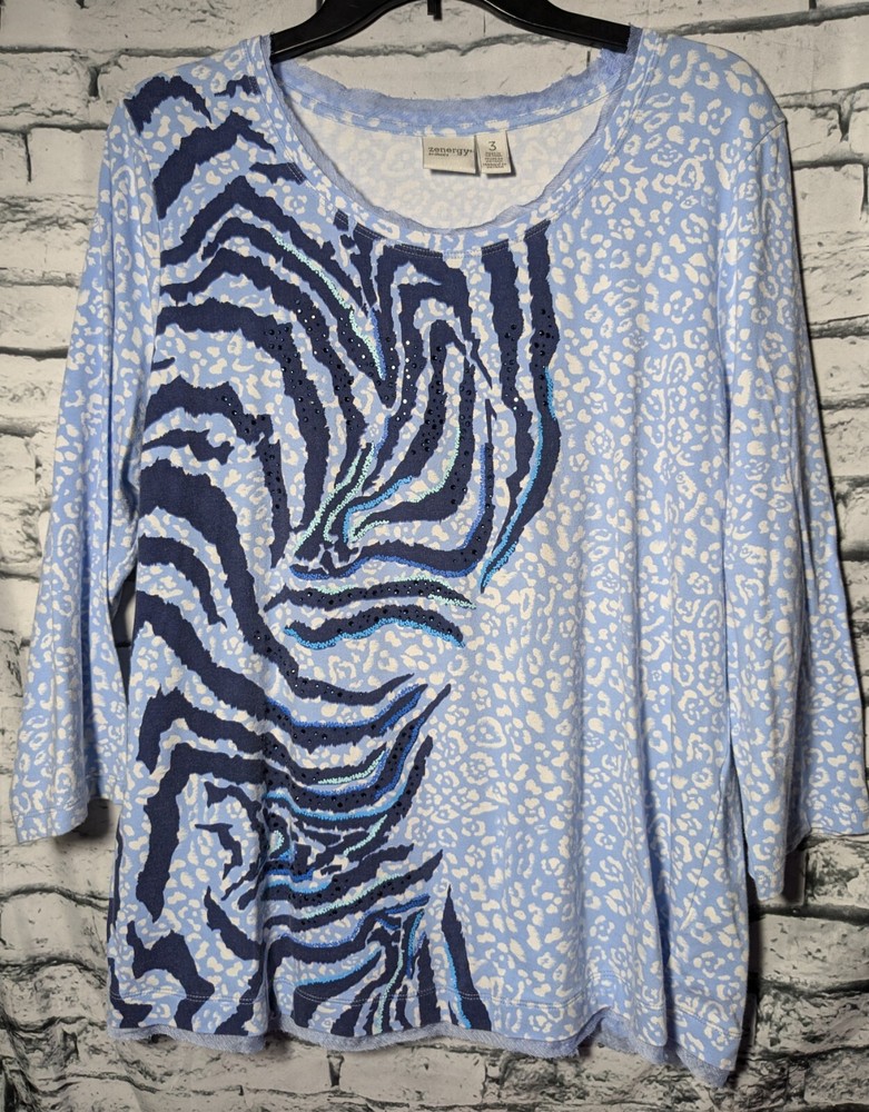 Chico's Nora XL Animal Print Tee 3/4 Sleeve Round Neck Blue
