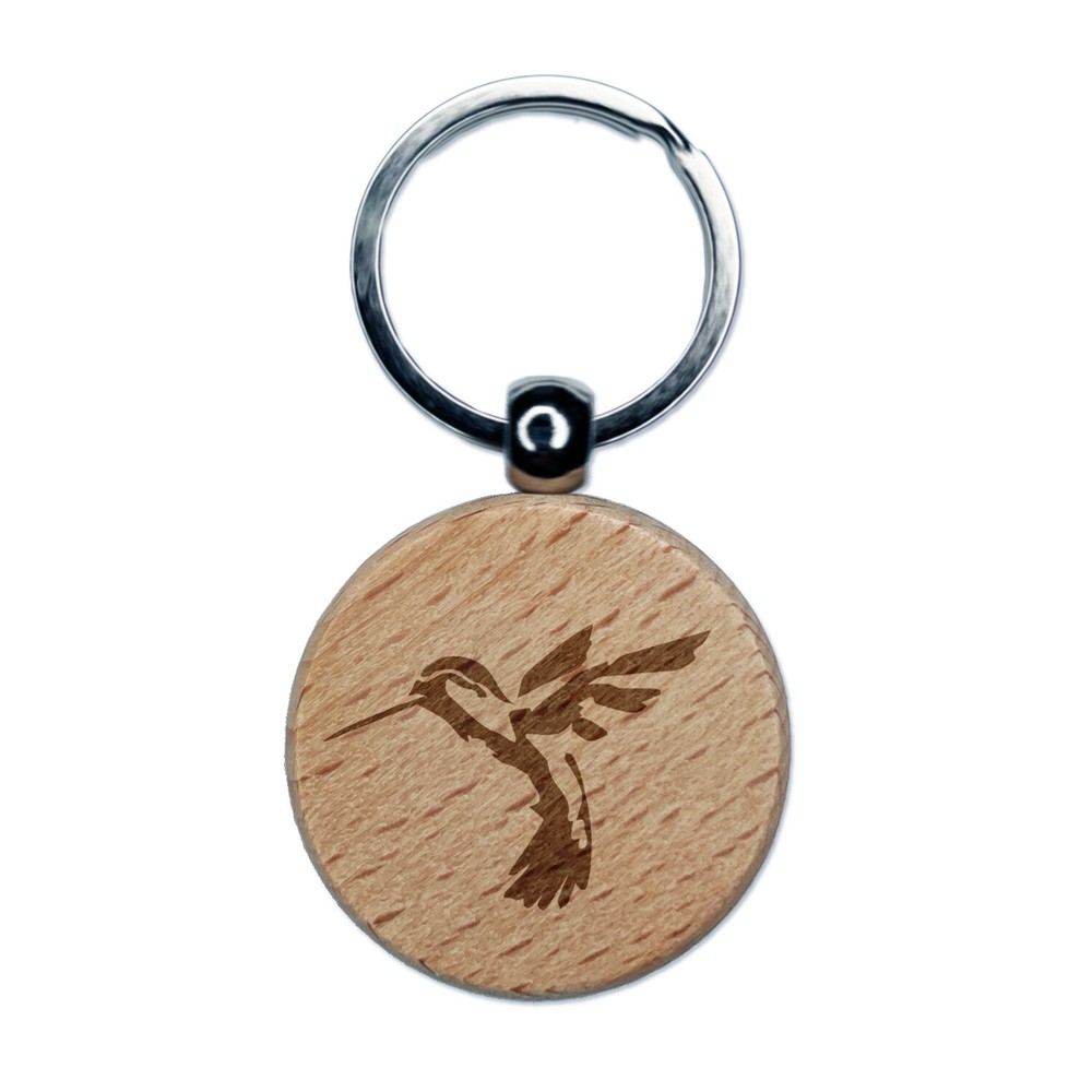 Hummingbird Sketch Engraved Wood Round Keychain Tag Charm