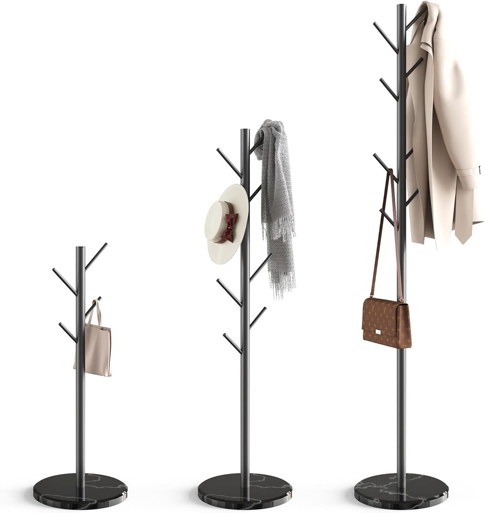 Coat Rack with Natural Marble Base, Metal Freestanding 8 Black