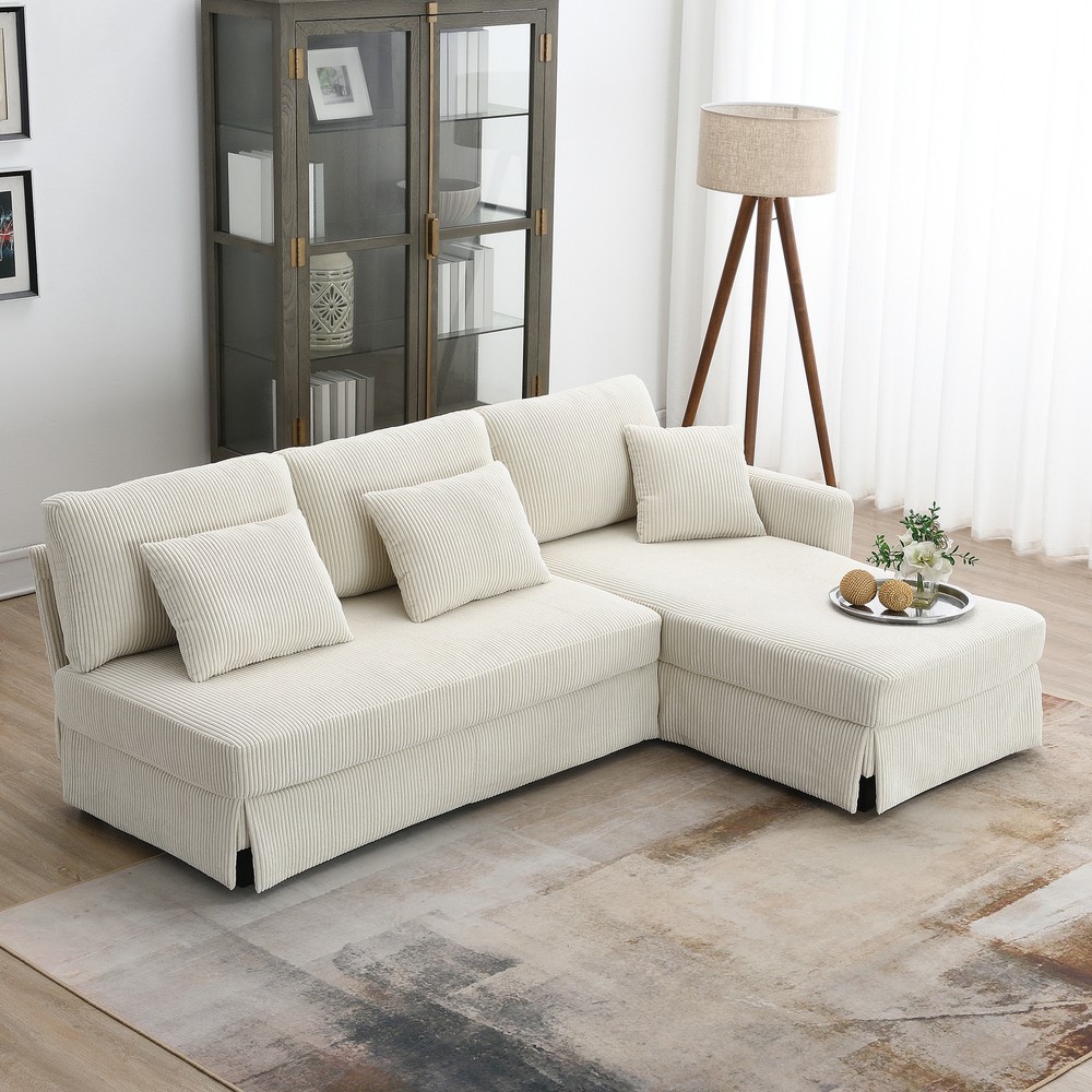 Modern L-Shaped Corduroy Sofa with Reversible Chaise 87x61 Inches - Video Included