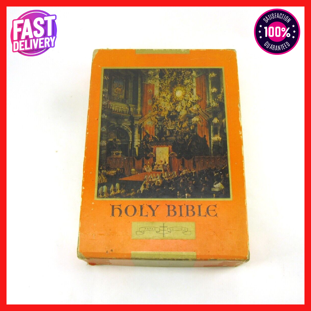 Holy Bible Papal Edition 1952 Leather Bound Book With Box, Please See Photos-image